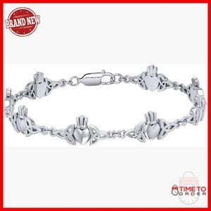 Sterling Silver Celtic Trinity Claddagh Link Bracelet 8.5in